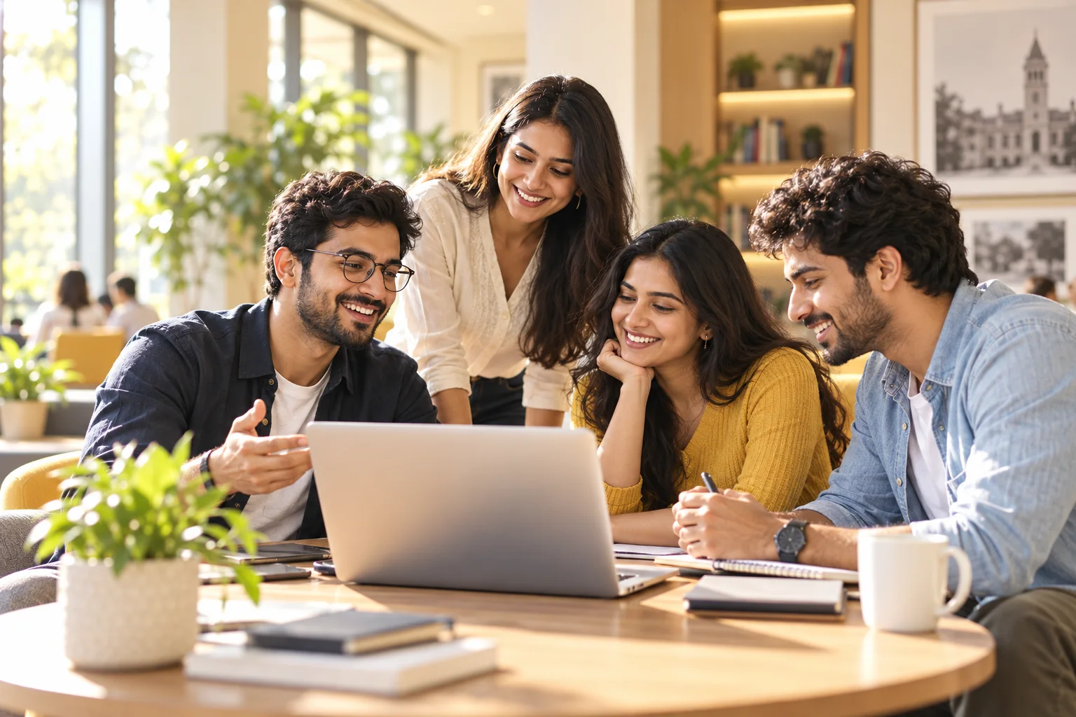 Alumni collaborating around a laptop